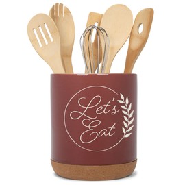 Elanze Designs Let's Eat Laurel Wheat Ceramic Cork Bottom Red Large Capacity Utensil Holder Crock for Countertop Storage, Stylish & Durable for Spoons, Spatulas, and Cooking Tools