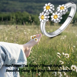 925 Sterling Silver Toe Ring for Women Teen Daisy Sunshine Flower Adjustable Mid Finger Rings for Mom Daughter(Daisy Toe Ring)