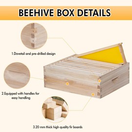 POLLIBEE 10 Frame Super Bee Hive Box, Langstoth Honey Super Bee Box for Beekeeper,Include Beehive Frames and Wax Foundations (unassembled)