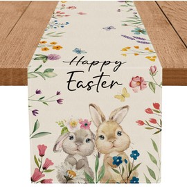 GPGHE Happy Easter Table Runner Bunny Floral Butterfly Spring Holiday Farmhouse Kitchen Indoor Outdoor Decoration 13 x 48 Inch