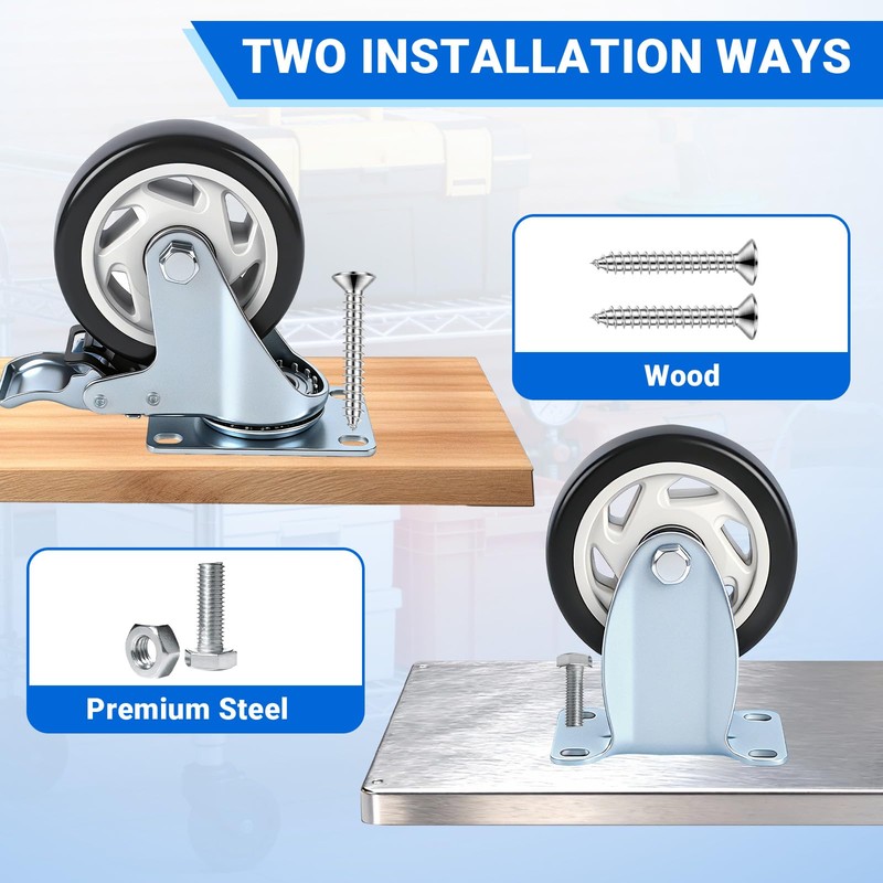 4 Inch Industrial Plate Casters, 2 Rigid & 2 Locking