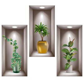 DOUSELLA 3D Wall Stickers, Vase Wall Stickers, Living Room Vases, Green Plants Wall Stickers, 3D Vinyl Wall Decals, Wall Pictures, Plant with Vase, 3D Plants Wall Pictures for Home, Wall Decoration,