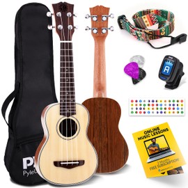 Pyle, 4-String Learn to Play Set Solid Wood Spruce Soprano Ukulele Professional Instrument Face, Mahogany Neck, Black Walnut Fingerboard & Bridge PUKT6580
