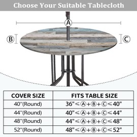Round Outdoor Tablecloth with Umbrella Hole and Zipper Wood Texture Elastic Table Cover Waterproof Outdoor Table Cloth for Patio Picnic Camping Fits 36-40" Diameter Round Tables