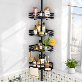 HAMITOR Shower Caddy Tension Pole: Rustproof Bathroom Corner Shelf for Renters, 47-121inches Adjustable Organizer with Soap Holder-Large Capacity Rack for Shampoo Storage Home Accessory - Black