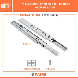 TOUCH Drawer Slides (6 Pairs, 16 Inch 400mm) Push to Open Side Mount Ball Bearing 3 Folds Metal Rails Track Guide Glides Runners Heavy Duty Drawer Dresser Kitchen, 100 LB Capacity