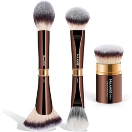 MAANGE 3 Piezas Brochas de Maquillaje Profesional Faciales de Aluminio con Doble Cabezal Set de Brochas Maquillaje Esenciales para Base de Maquillaje Polvo Sintéticos Premium para Regalo(Marrón)