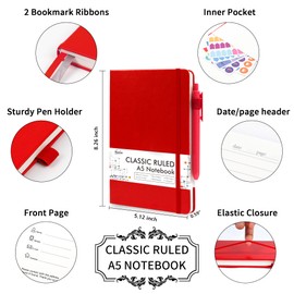 feela 3 Pack Notebooks Journals Bulk with 3 Black Pens, A5 Hardcover Notebook Classic Ruled Lined Journal Set with Pen Holder for Work Business Journaling Note Taking, 120 GSM, 5.1”x8.3”, Red