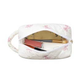 WHHJM Cute Floral Makeup Bag with Handle, Travel Make Up Bag Cosmetic Bag for Women, Zipper Toiletry Pouch Essentials (Pink Small Bowknot)