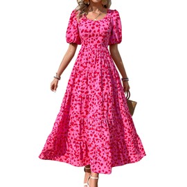 PRETTYGARDEN Smocked Short Sleeve Floral Sun Dresses Women Summer Casual Dresses for Women 2025 Beach Flowy Boho Maxi Dress (Floral Rose Red,XX-Large)