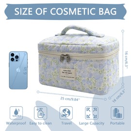 1pc Large Makeup Bag, Cute Cosmetic Bag for Women Girls, Floral Coquette Aesthetic Toiletry Bag, Travel Make Up Organizer Bag (Green Leaves Blue Flowers)