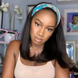 Bob Headband Wig Human Hair Ready to Go No Lace Glueless Short Straight Human Hair Wig with Head Band Beginners Friendly 14 Inch