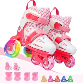 Kids Quad Roller Skate,Roller Skates for Girls Boys,with Adjustable Size&Double Brakes&Luminous Wheels&Protective Gear,3-Point Balance Roller Shoes for Beginners,for Indoor Outdoor (Lively Pink, S)