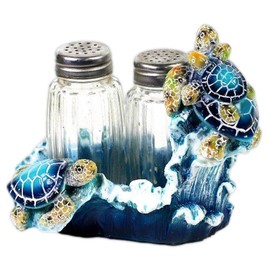 The Bridge Collection 4" Ocean Sea Turtles Salt and Pepper Shaker Holder Set - 3 Piece Set - Turtle Kitchen Items - Fun Salt and Pepper Shakers for Coastal, Nautical, or Beach House Decor