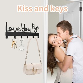 Love You Bye Sign Key Holder Hook Wall Mounted Key Holder Rack Organizer Hanger with 6 Hooks for Wall Express Love Art Decor for Entryway Front Door Kitchen Hallway Office (Love You Bye)