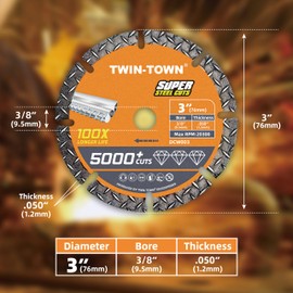 TWIN-TOWN 3" Diamond Cutting Wheel with 3/8" Arbor, Metal Cut Off Wheel, Carbide Cutting Wheel for Angle Grinder, 5000+ Cuts on Rebar, Steel, Iron, and INOX