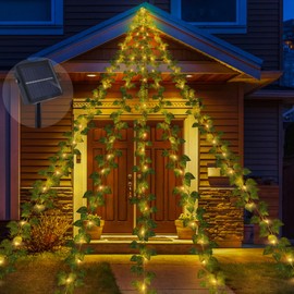 13.5FT*5 Branches Fake Vines with Fairy Lights, Solar Powered Ivy String Lights, 8 Modes Fake Plant Light, Waterproof Triangular Leaf Light for Eaves, Tree, Patio, Garden, Yard, Wedding Decoration