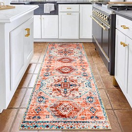 Runner Rug 2x6 Washable Soft Vintage Floral Area Rug for Long Hallway Rug, Non-Slip Low Pile Ultra-Thin Accent Indoor Floor Carpet for Kitchen Bedroom Bathroom Laundry Entryway Dining Room Orange