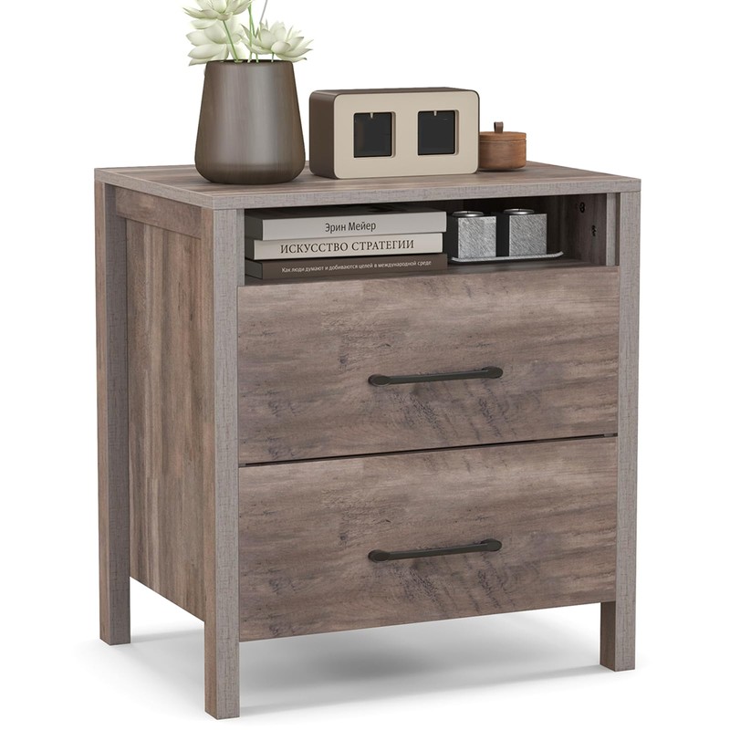 Giantex Farmhouse Nightstand, Rustic Wood Bedside Table with 2 Storage