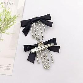 2Pcs Skeleton Hand Hair Clips with Bowknot - Cute Skull Claw Hairpins for Girls, Party Cosplay