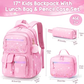 Fimibuke Backpack for Girls, 3 PCS Waterproof Kids Backpack with Lunch Box & Pencil Case Set, Cute Travel Bookbag School Bag for Kindergarten Elementary Middle High School Student Toddler Kids Teens