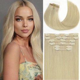Loxxy Clip in Hair Extensions Real Human Hair,Remy Platinum Blonde Seamless Human Hair Clip in Extensions For Women,18Inch 130G 7Pcs Silky Straight PU Clip ins Thick Human Hair