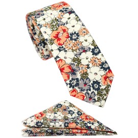 ZENXUS Floral Tie for Men, Cotton Skinny Flower Necktie with Pocket Square Set, Orange Pansy