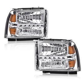 PIT66 LED Strip Headlight Assembly Headlamp Compatible with Ford F250 F350 F450 F550 Super Duty 2005-2007 Fit Ford Excursion 2005 Clear Lens Chrome Housing Amber Reflector 6C3Z13008AB, 6C3Z13008BB