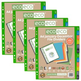 eco-eco A4 50% Recycled Multipunched Reinforced Colour January - December Subject Index Extra Wide File Dividers 200mic (Pack of 4), eco082x4
