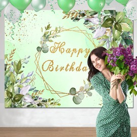 Sensfun Sage Green Birthday Backdrop Banner Greenery Birthday Decorations Eucalyptus Leaves Gold Bday Photography Background for Women Girl Neutral Boho Birthday Party Supplies Photo Booth Prop 7x5ft