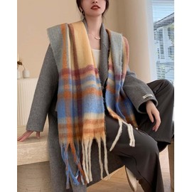 Wander Agio Winter Women Warm Scarf Long Shawl Large Scarves Cold Weather Thicker Blanket Wrap Colour Plaid Stripe Brown Blue 24
