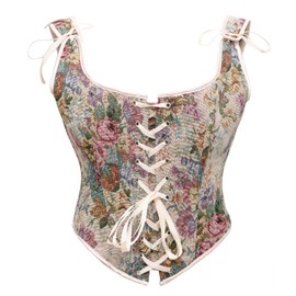Bslingerie® Women Retro Vintage Victorian Animal Cat Print Bustier Renaissance Crop Top Tank Top Corset (XXL, Peony Floral)