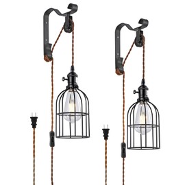 SEEBLEN Wall Sconces Plug in of 2, Industrial Wall Lamp with Plug in Cord,Black Vintage Wall Sconce with 6.5ft On/Off Switch Cord,Height Adjustment Wall Lights for Bedroom Reading Headboard.