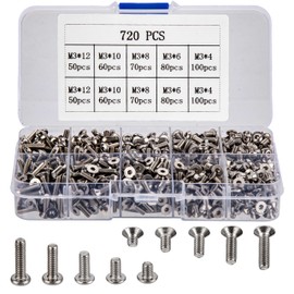 720 Pcs M3 Metric Hex Socket Head Cap Screws Bolts Set, Including 360 Pcs Countersunk Pan Head Screws, 360 Pcs Flat Head Screws for 3D Printer Machine - silver, 4mm/6mm/8mm/10mm/12mm
