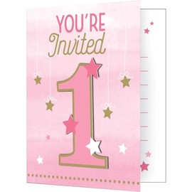 Creative Converting One Little Star Girl Invitations, 0.5" x 5" x 7.5", Pink & Gold