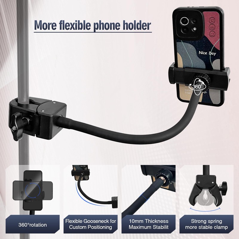 Clip Phone Holder for Desk,Pole,Pipe,Boom,Flat Surface with Adjustable Aluminium Arm
