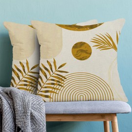 AEIOAE Boho Summer Outdoor Pillow Covers 18 x 18 Inch, Mustard Yellow Leaf Decor Throw Pillows for Couch Bed, Modern Abstract Plant Indoor Farmhouse Decorative Pillowcase Linen Cushion Cover Set of 2