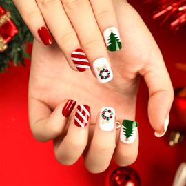 TULOBI Christmas Press on Nails Short Square Cute Antelope Christmas Tree Fake Nails Red White Striped Design Xmas Nails with Colorful Rhinestone Glossy Full Cover Candy False Nails 24Pcs