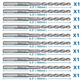 10-Piece 1/4” SDS Plus Drill Bits Rotary Hammer Drill Bit Set, Carbide Tipped for Drilling Concrete Cement Porcelain Tiles Ceramic Pots Stone Brick, Diameter 6mm, 160mm Long, SDS Plus Shank