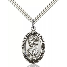 Pewter Saint Christopher Catholic Medal Pendant Necklace 24" Chain GiftBox