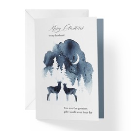 1Up Greetings Individual Christmas Card For Husband | Romantic Christmas Card Deer with Pine Trees | Your Purchase Helps Animals In Need | 5”x7.5” | Single Christmas Card with Envelope | Made in USA |