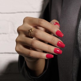 KQueenest Red Press On Nails Short Coffin - Acrylic Press On Nails with Glue, Ballerina Medium Short Fake Nails Press ons, Glossy Wine Red, Reusable Soft Gel Glue on Nails for Women, 30 Pcs