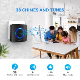 Wireless Doorbell, VOXON Waterproof Doorbell, Plug in Wireless Doorbell with 400M Wireless Range, Cordless Door Bell, LED Flash, 38 Melodies, 4 Level Volume, Mute Mode [Energy Class A+++]