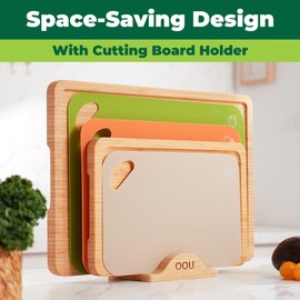 OOU Bamboo Cutting Board for Kitchen, Large Wooden Cutting Board Set with holder. 2 Heavy Duty Cutting Boards and 3 Color Coded Flexible Plastic Cutting Mats, Charcuterie & Chopping Boards For Meat