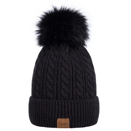 Alepo Beanie Hats for Women, Bobble Hat Women with Knitted Fleece Lined, Warm Winter Hats for Women Soft Ski Cuff Cap with Pom Pom(Black)