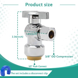 PURAGEIR Angle Stop Valve 5 Pack,1/2" Ptc X 3/8" Compression Water Shut Off Valve,1/2 Inch Pushfit X 3/8 Inch OD Compression Angle Shut Off Valve with Disconnect Clip,Pex, Copper,Cpvc,PE-RT,Brass