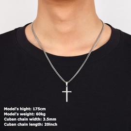 Fiusem Silver Tone Cross Necklace for Men, Beveled Edge Trapezoid Pandent Mens Necklace, 3.5MM Stainless Steel Cuban Chain, 20 Inches