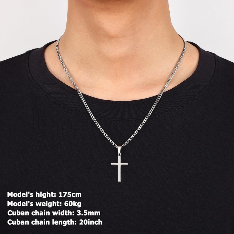 Fiusem Silver Tone Cross Necklace for Men, Beveled Edge Trapezoid