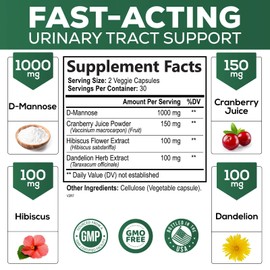 D-Mannose 1350 mg – Soporte natural para la salud del tracto urinario de acción rápida – Incluye extracto de arándano, diente de león, hibisco – 60 cápsulas