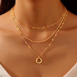 DHKCU Layered Gold Necklace for Women, Dainty Trendy Stackable 14K Gold Heart Diamond Cross Pendant Jewelry, Paperclip Box Flat Chain Beach Vacation Gifts for Her Everyday Gold Necklaces, Gold, Brass
